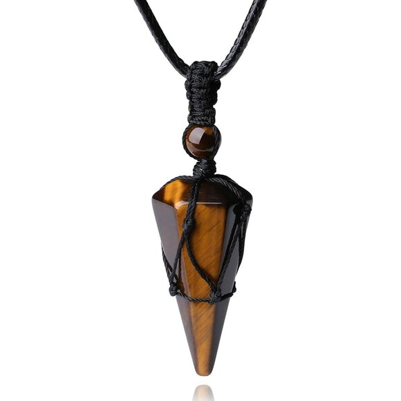 💫Men Black Healing Crystal Stone Pointed Rope Natural Gemstone Pendant Necklace - Picture 1 of 7